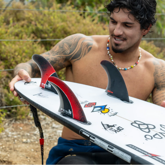 Gabriel Medina holding his board with a set of FCS II Gabriel Medina Signature Tri Fins with red, black, and grey color scheme.