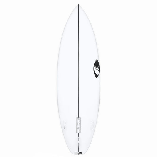 White Sharpey Disco ll surfboard with a black logo on a white background
