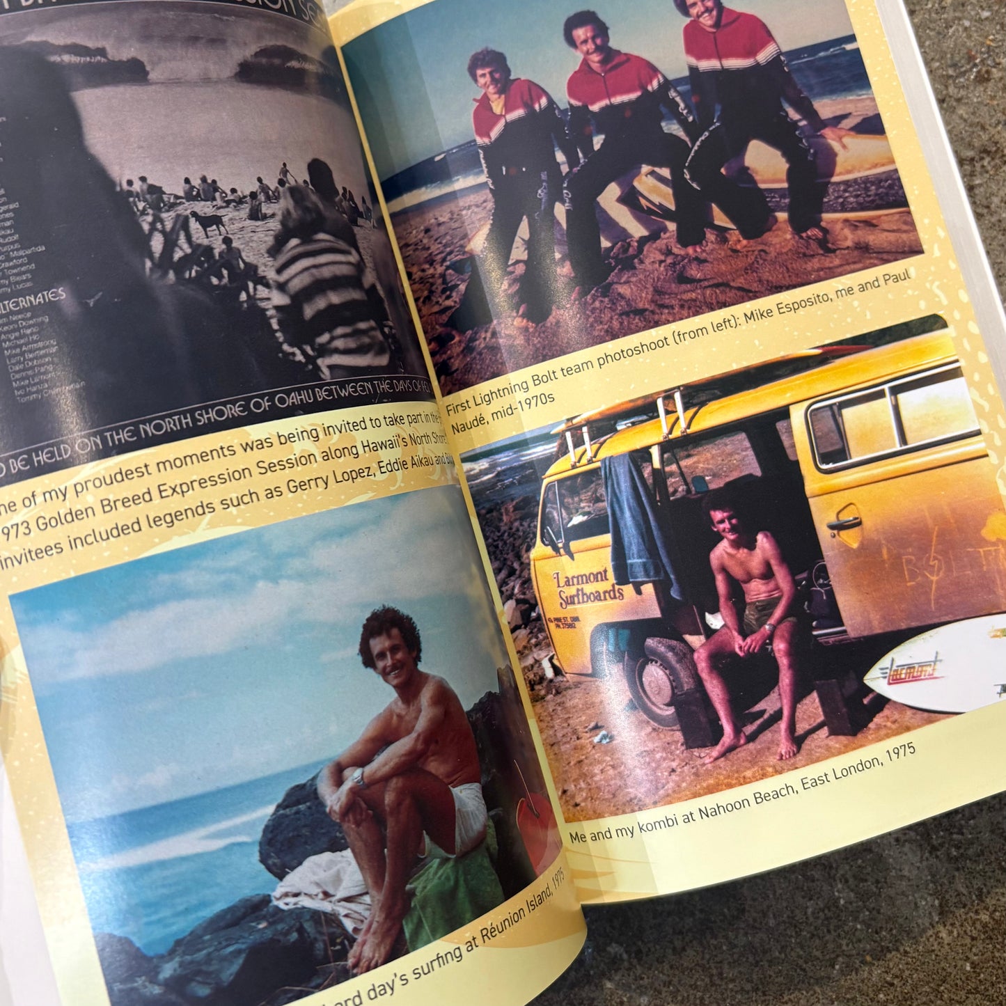 Open book with vintage photos of people on a beach and near a yellow car.
