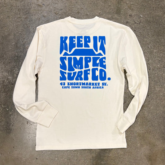 White long-sleeve shirt with blue text on a textured gray background