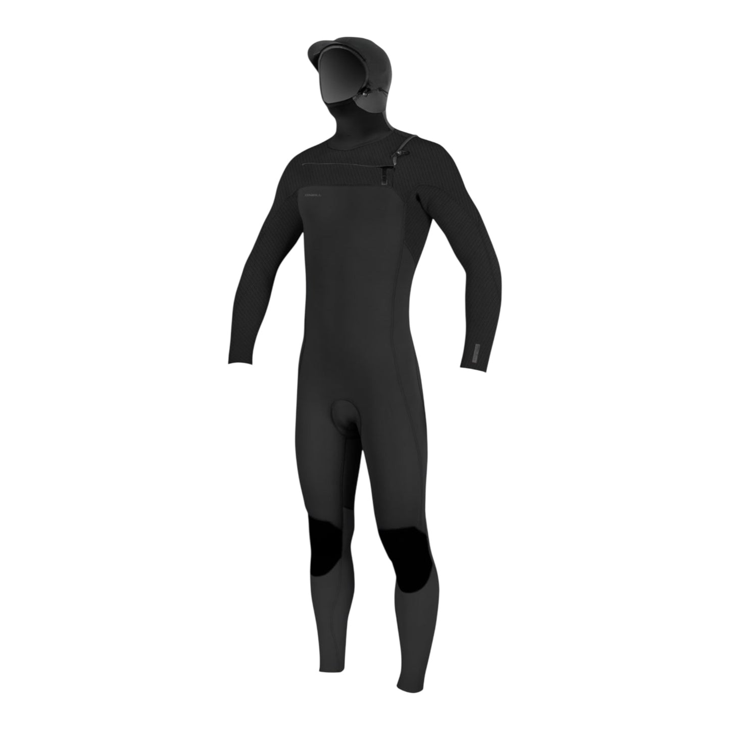 Black O'Neill Hyperfreak wetsuit with a hood on a white background