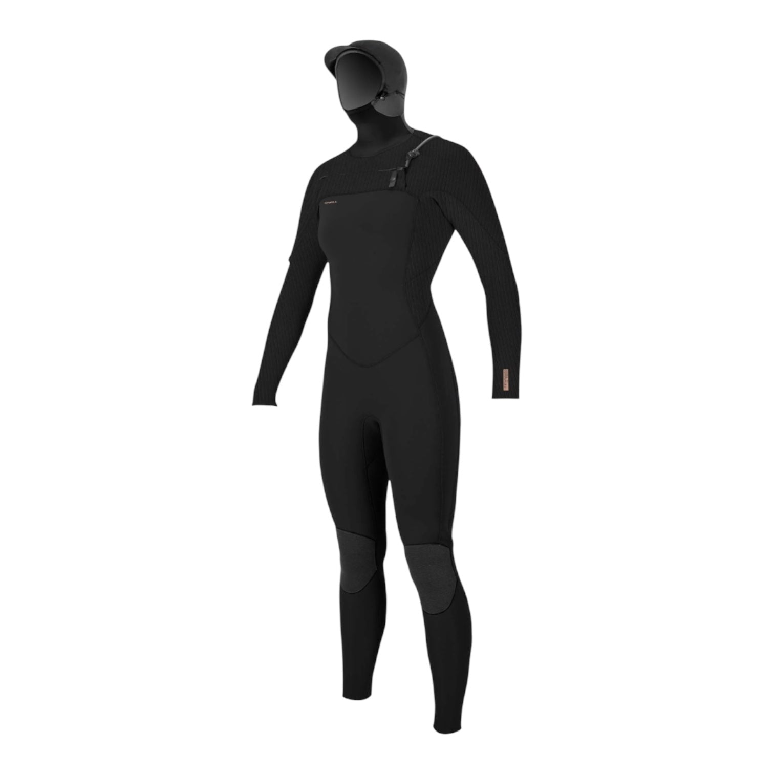 Black wetsuit with a hood on a white background