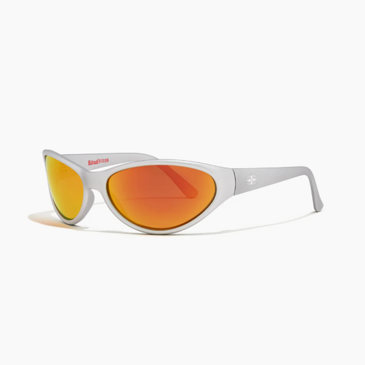 White sunglasses with orange lenses on a white background
