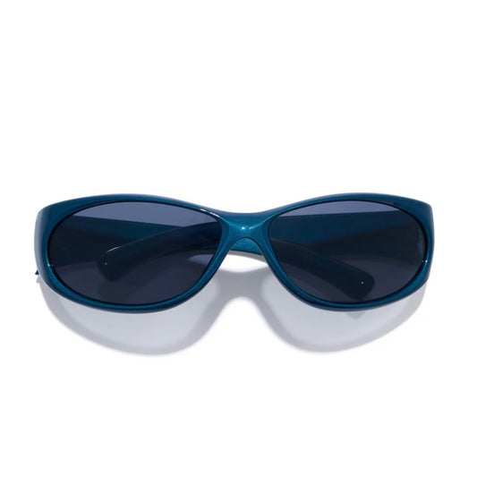 Blue sunglasses with dark lenses on a white background