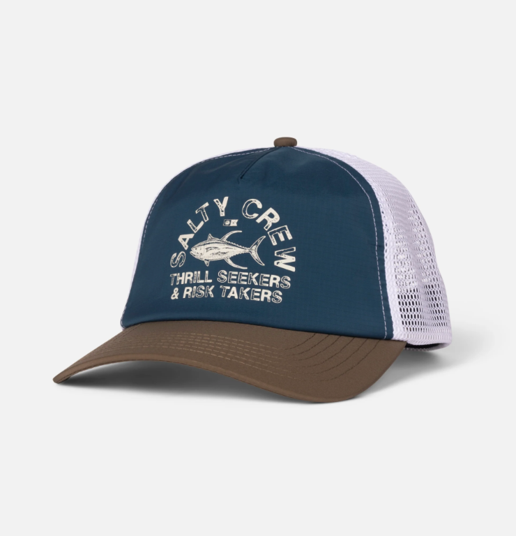 Blue and brown cap with 'Salty Crew' logo on a white background