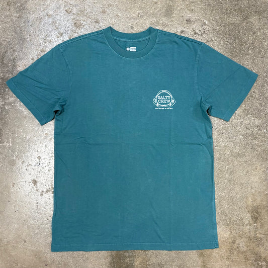 Blue Salty Crew T-Shirt with Chest Print on concrete floor
