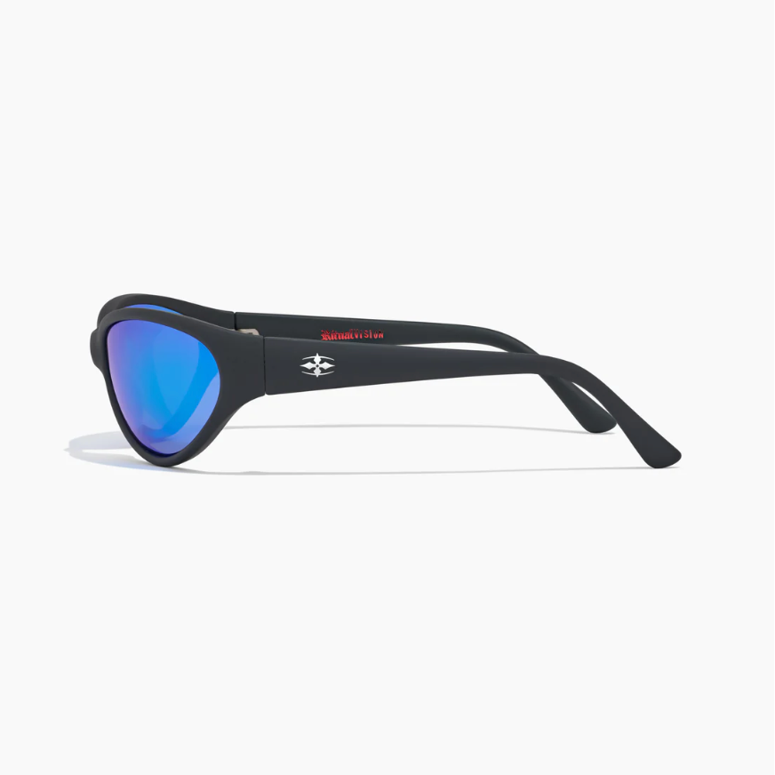 Black sunglasses with blue lenses on a white background