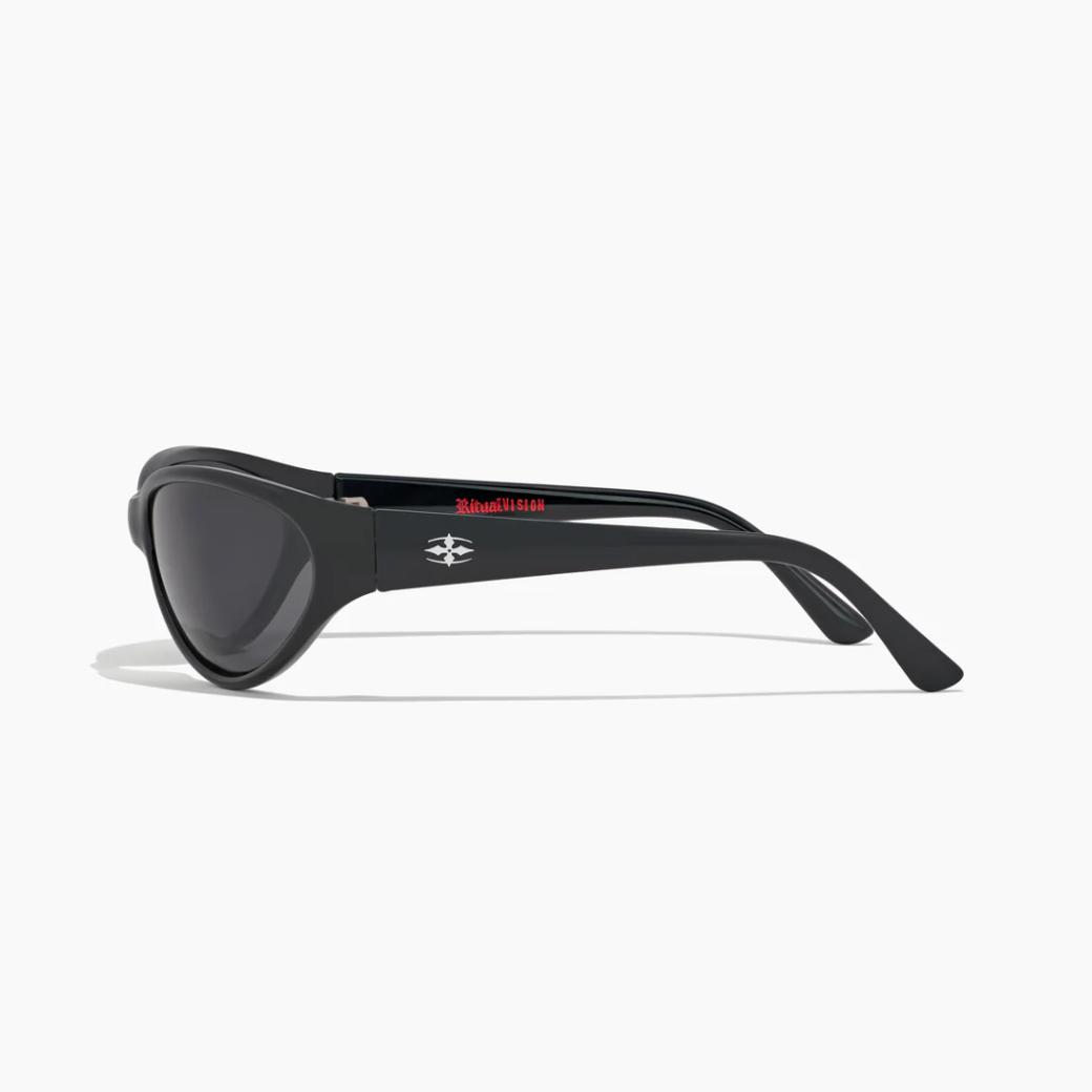 Black sunglasses with a logo on a white background