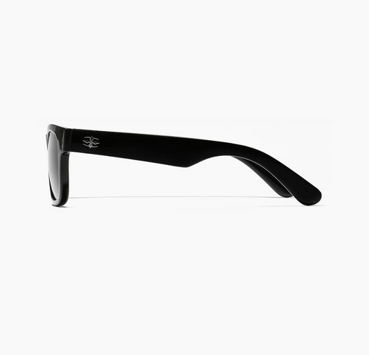 Black sunglasses with a logo on a white background
