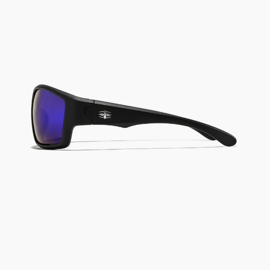 Black sunglasses with blue lenses on a white background