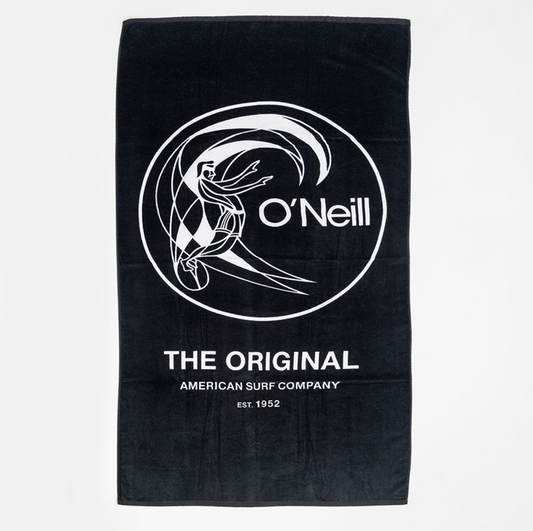 Black towel with O'Neill logo and text on a white background
