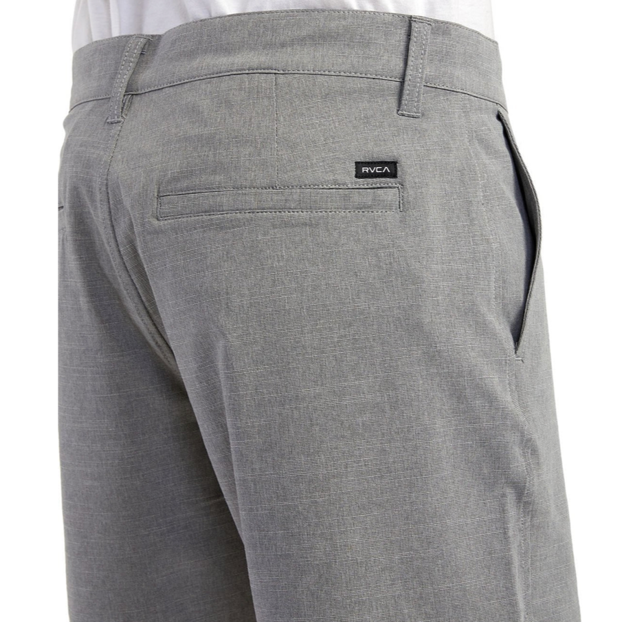 Gray pants with a brand logo on the back pocket against a white background