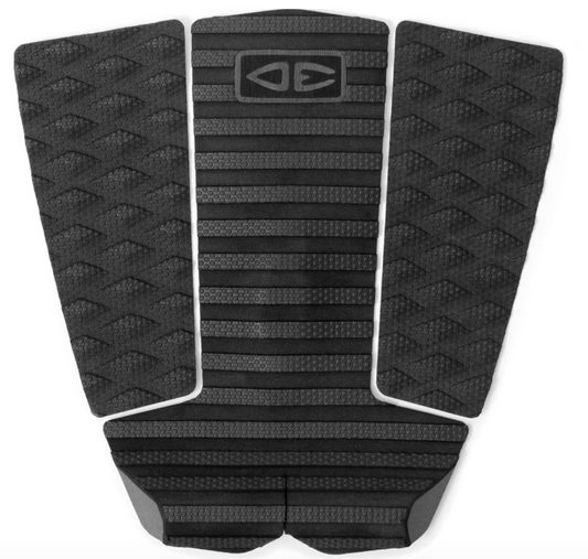 Three black textured surfboard fins with a brand logo on a white background