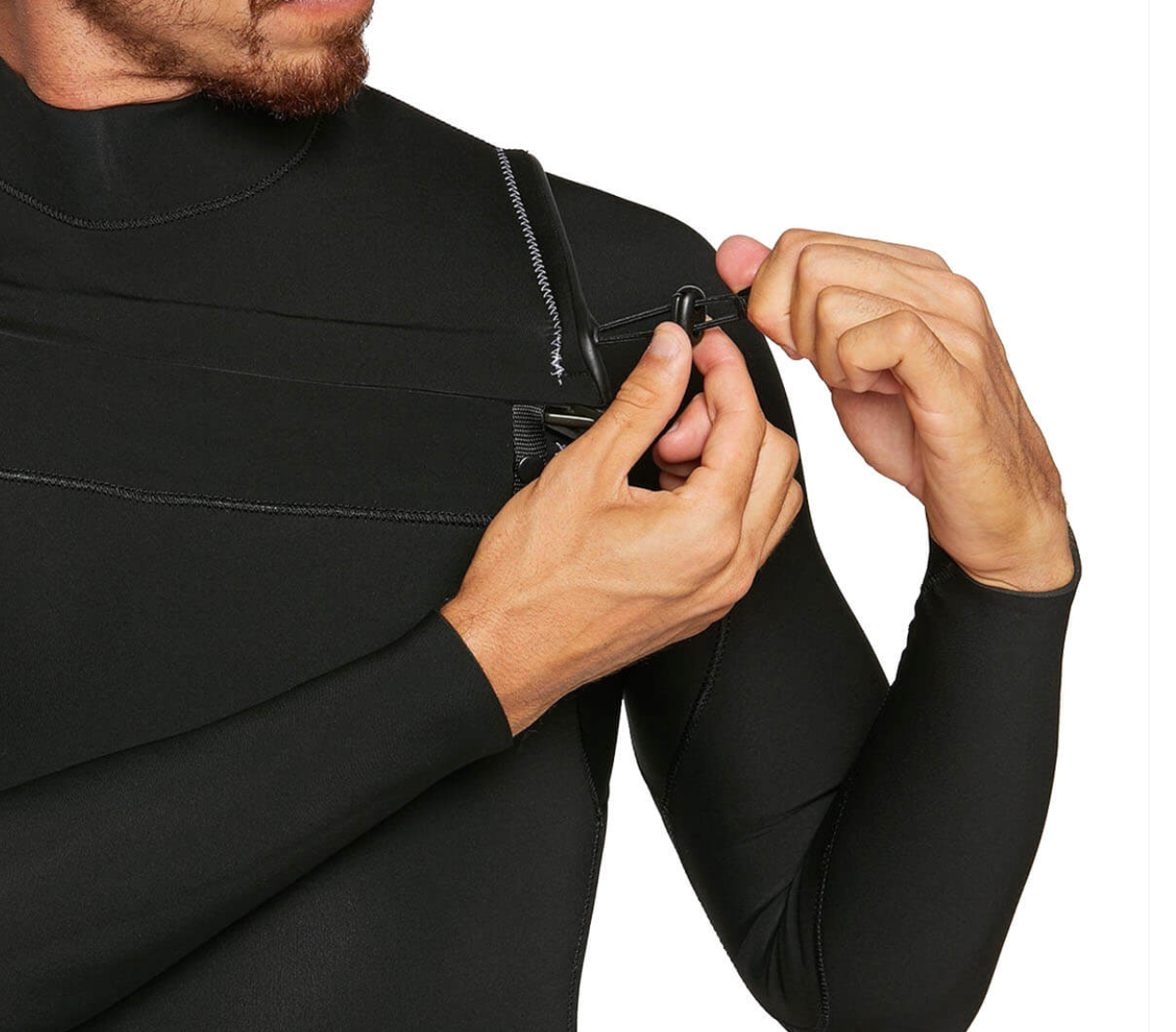 View of Closure system on the Volcom Modulator 4/3MM Chest Zip Fullsuit - Black - Men's Full Wetsuit