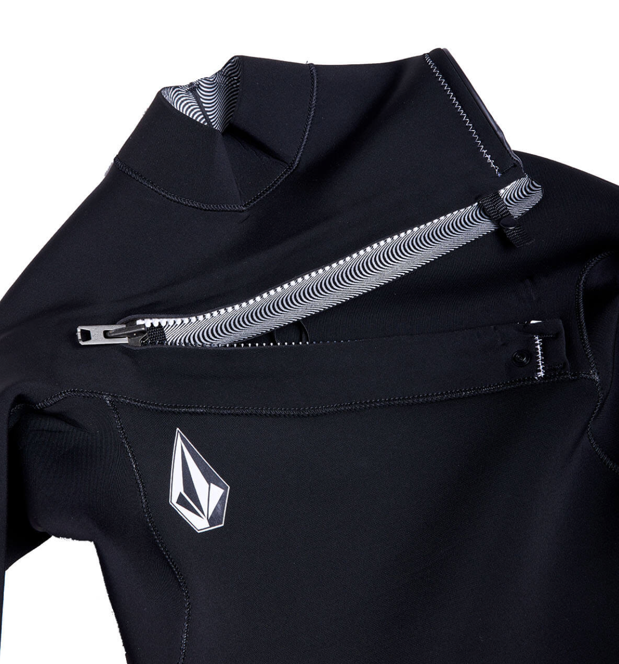 View of Zip details on Volcom Modulator 4/3MM Chest Zip Fullsuit - Black - Men's Wetsuit