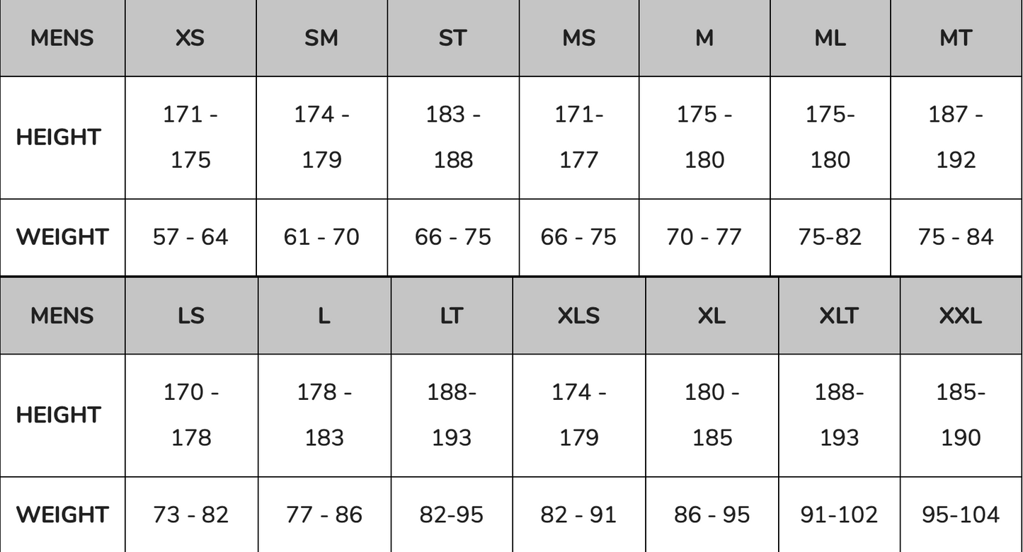Size Chart for the Buell RB2 4/3mm Men's Chest Zip - Black - Fullsuit