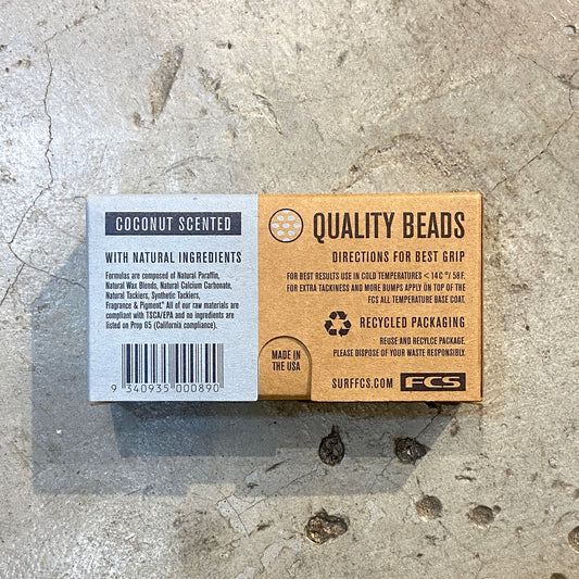 View of the ingredients and directions on the FCS Surf Wax Cold packaging