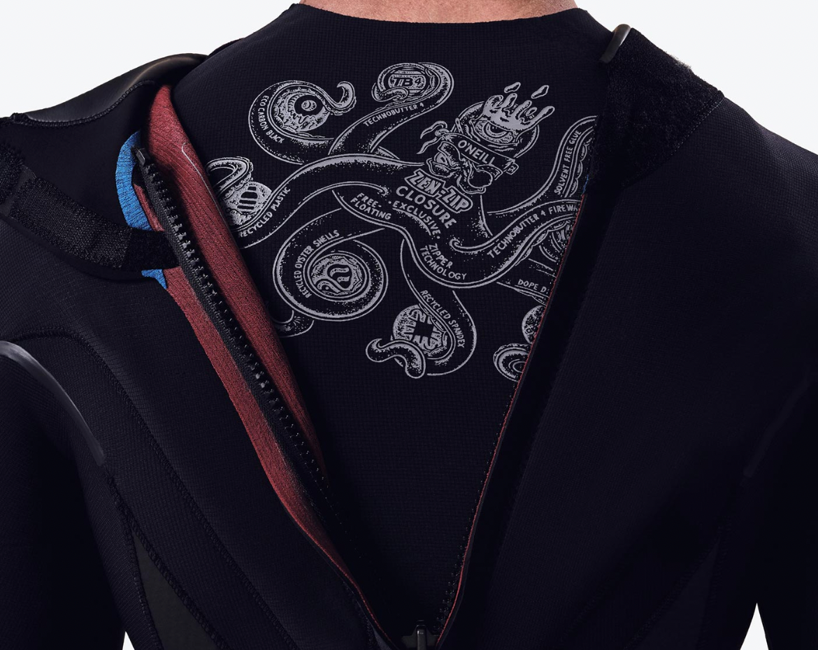 Back view of the Zen Zip Closure on the O'Neill Hyperfreak Fire 4/3MM+ Back Zip- Black- Full Wetsuit