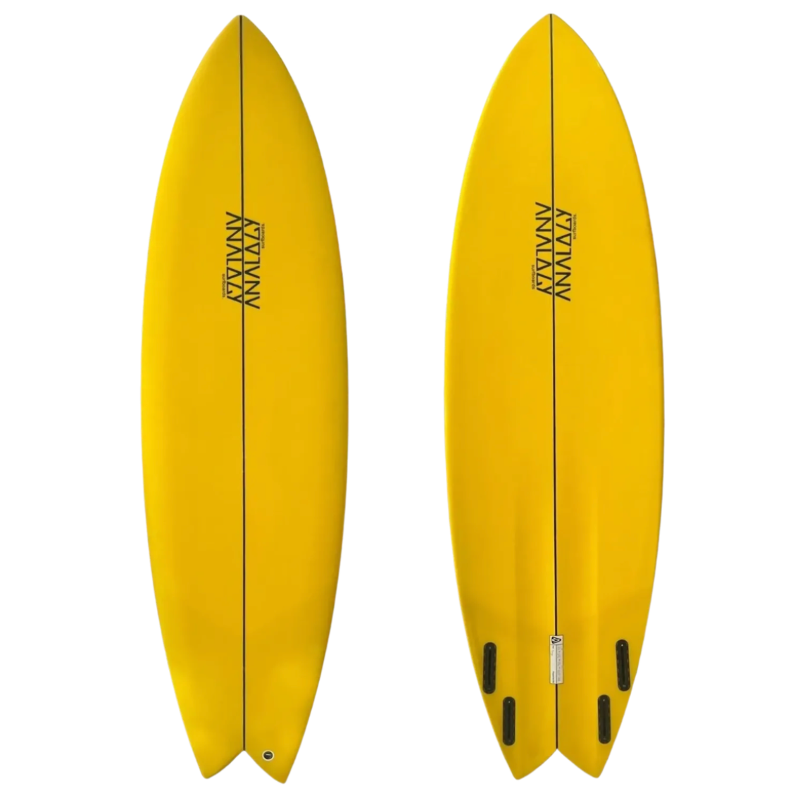 Two views of a bright yellow surfboard on a plain white background, showing the top and bottom halves with black centerline, black brand text, and black fin holes.