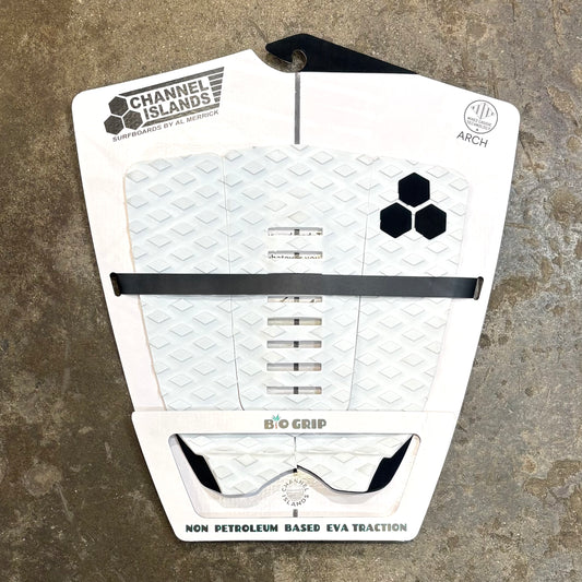 Surfboard traction with Channel Islands and Biogrip logo a textured surface.