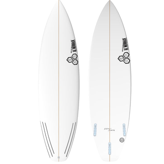 A white shortboard surfboard with black and brown detailing, shown both in profile and side views.