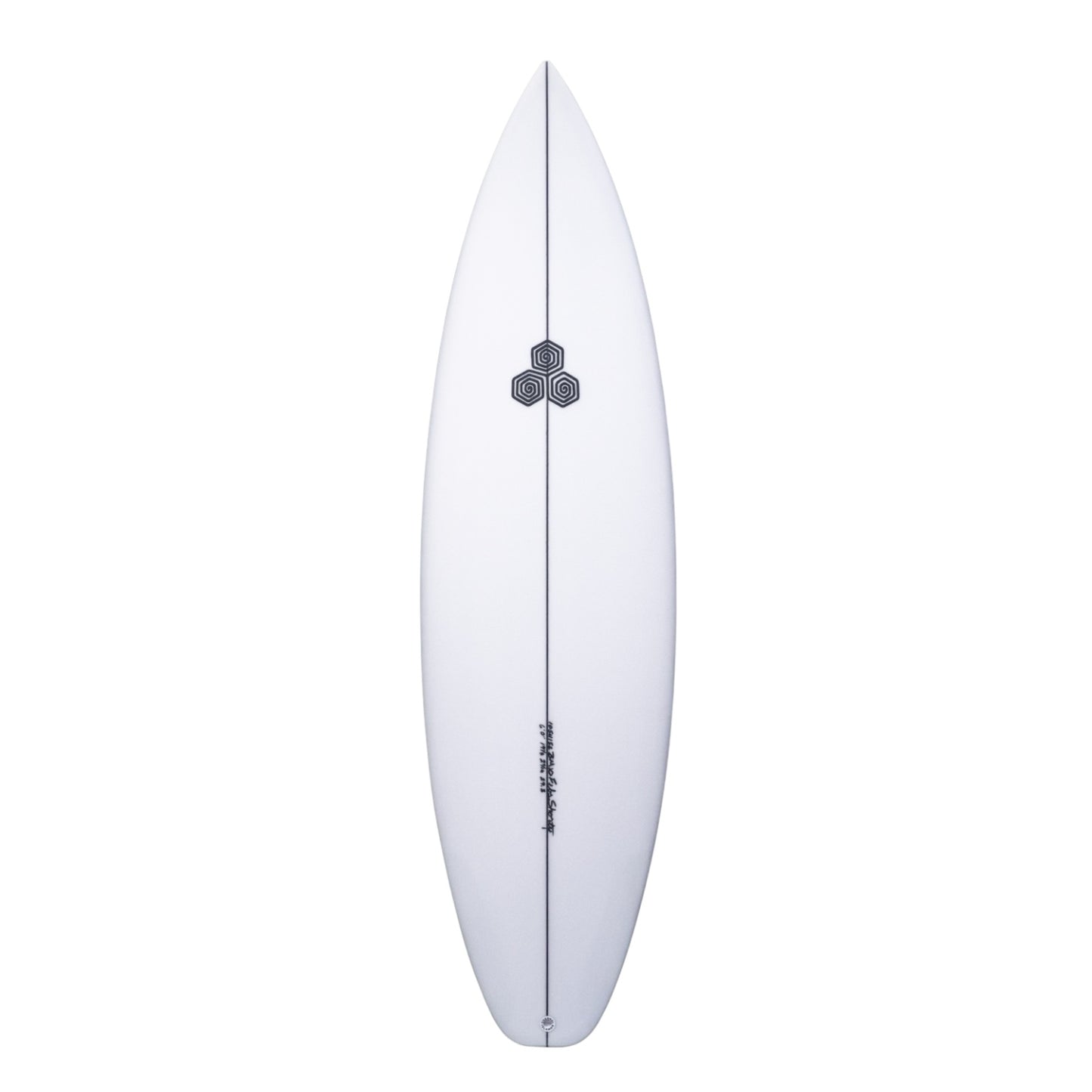 White surfboard with a black logo on a white background