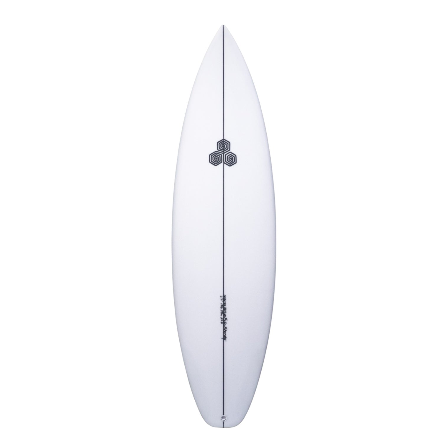 White surfboard with a black logo on a white background