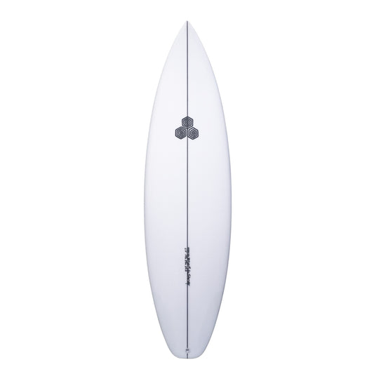 White surfboard with a black logo on a white background