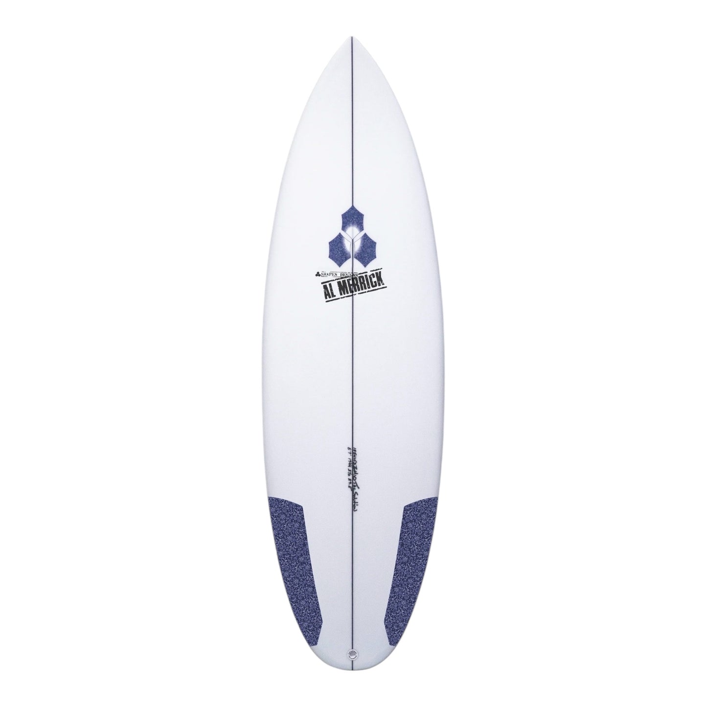 White surfboard with blue accents and Channel Islands branding on a white background