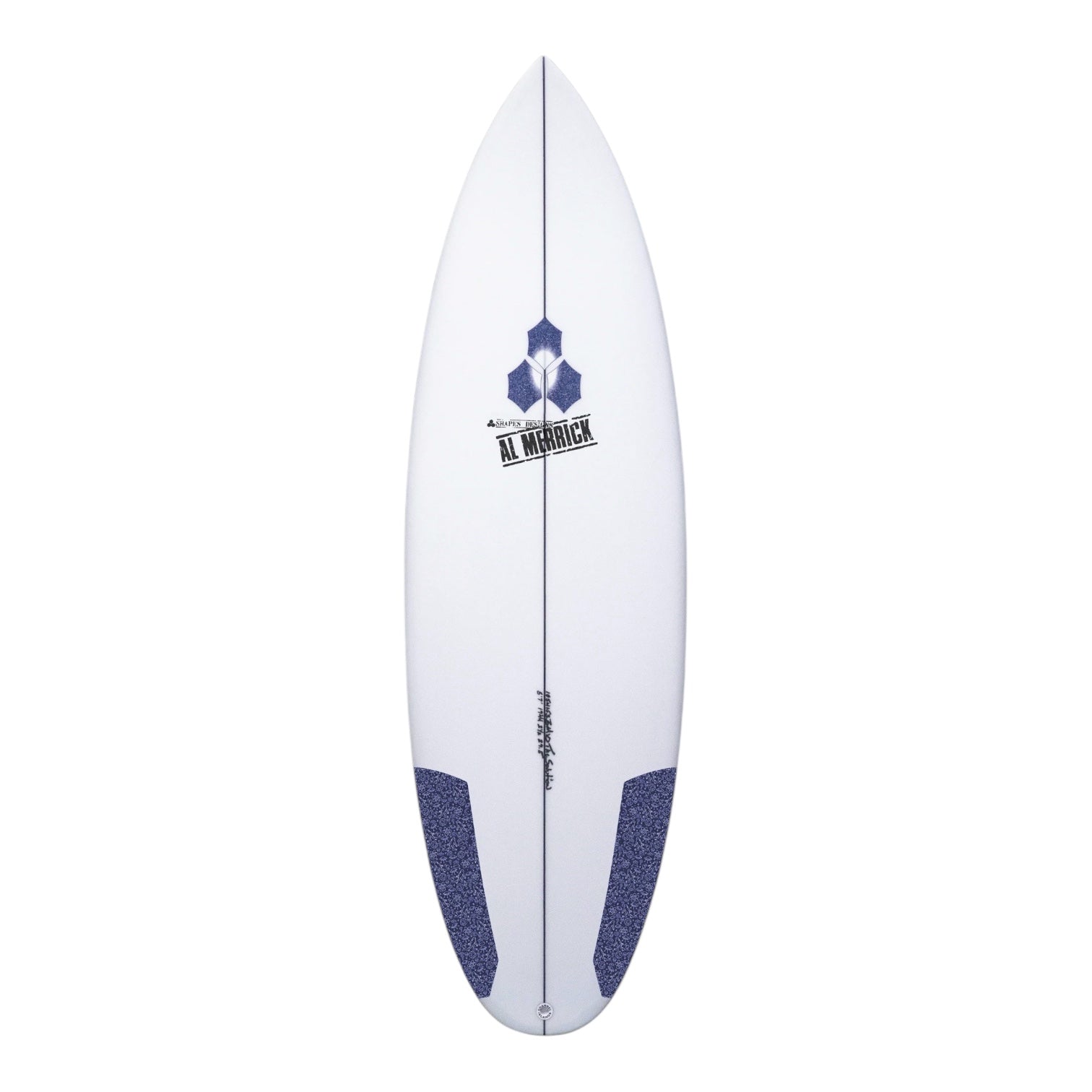 White surfboard with blue accents and Channel Islands branding on a white background