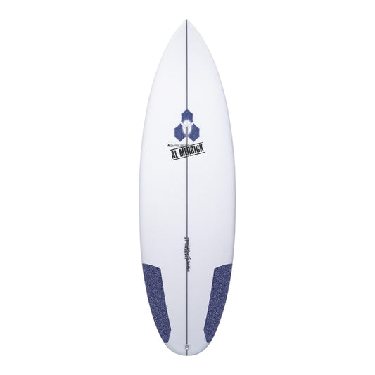 White surfboard with blue accents and Channel Islands branding on a white background