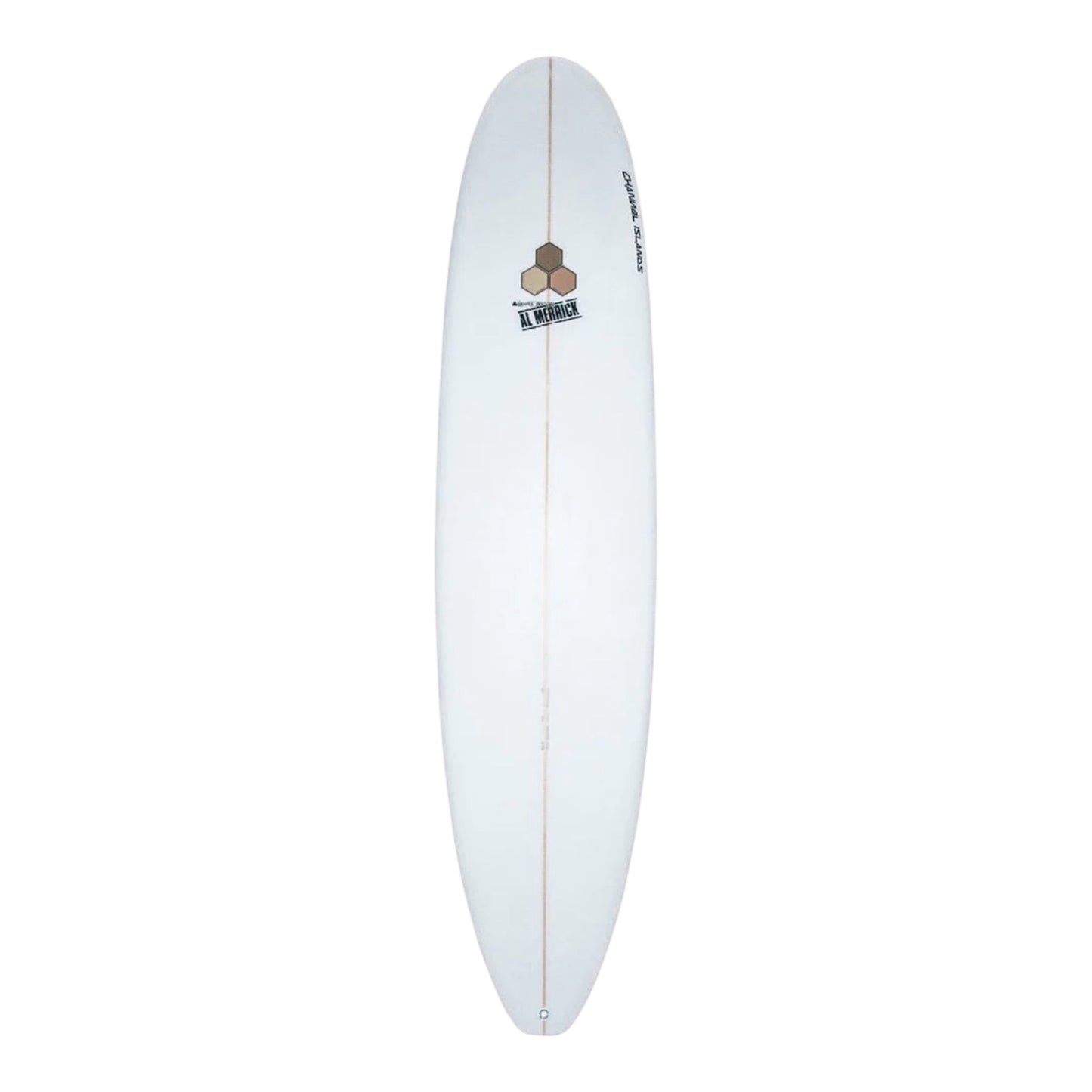 White CI Waterhog surfboard with a Channel Island logo on a white background