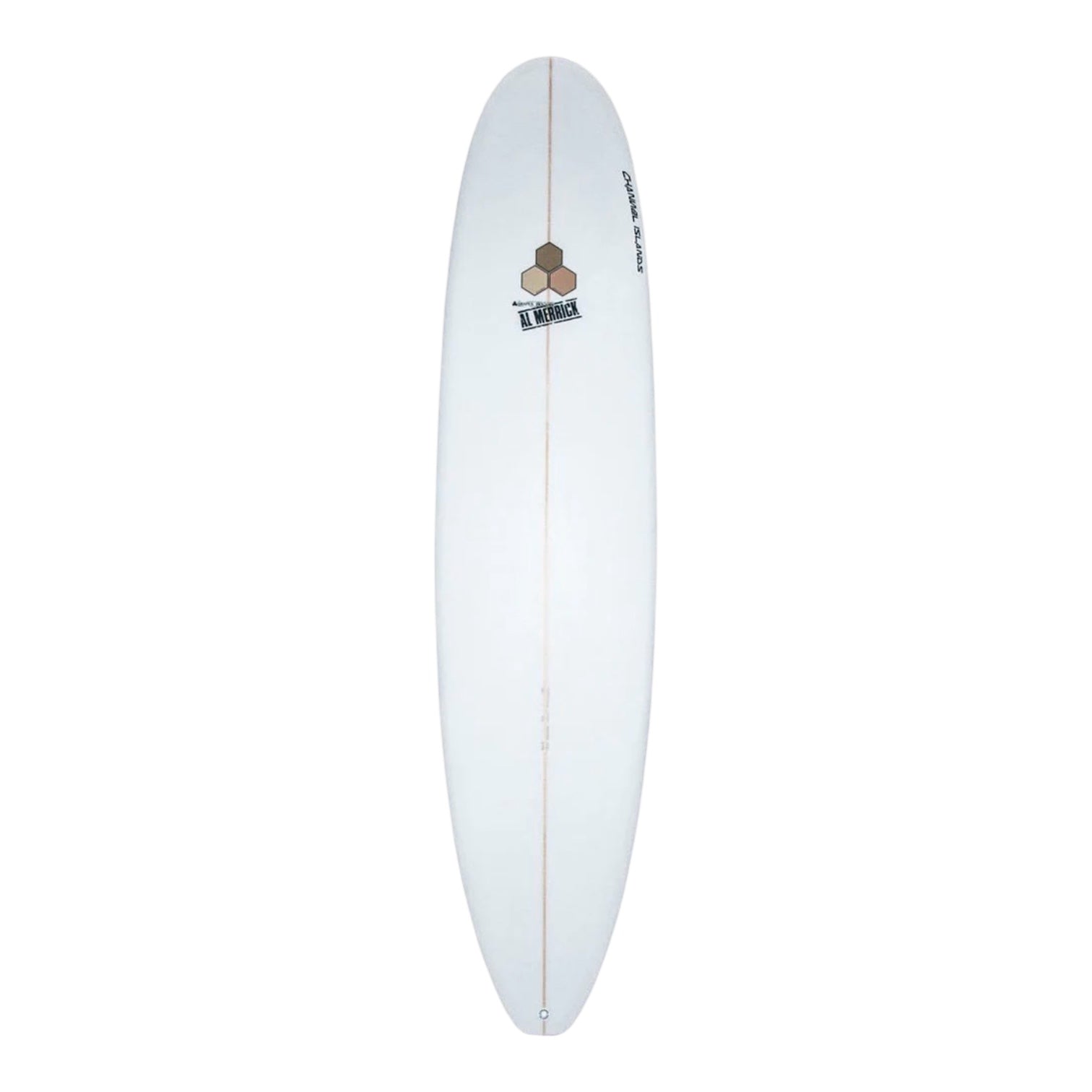 White CI Waterhog surfboard with a Channel Island logo on a white background