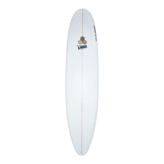 White CI Waterhog surfboard with a Channel Island logo on a white background