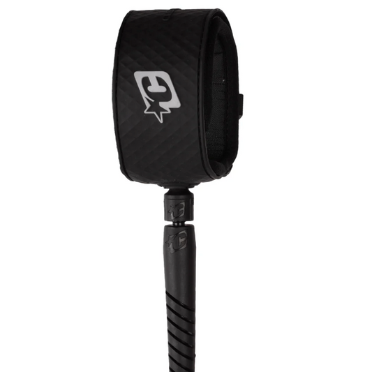 Black Outer Reef Surfboard Leash with carbon fiber texture and brand logo on a white background