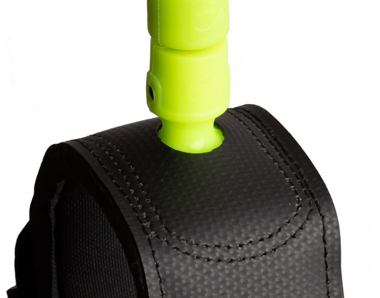 Close-up of a black strap with a green handle on a white background