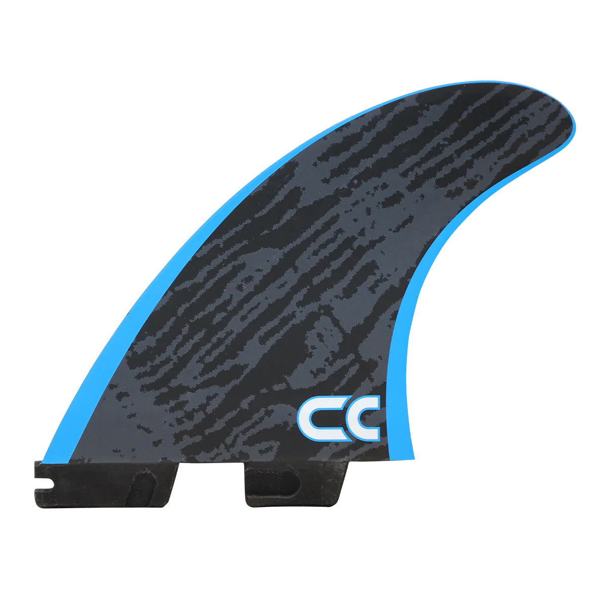 Black and blue surfboard fin with a brand logo on a white background