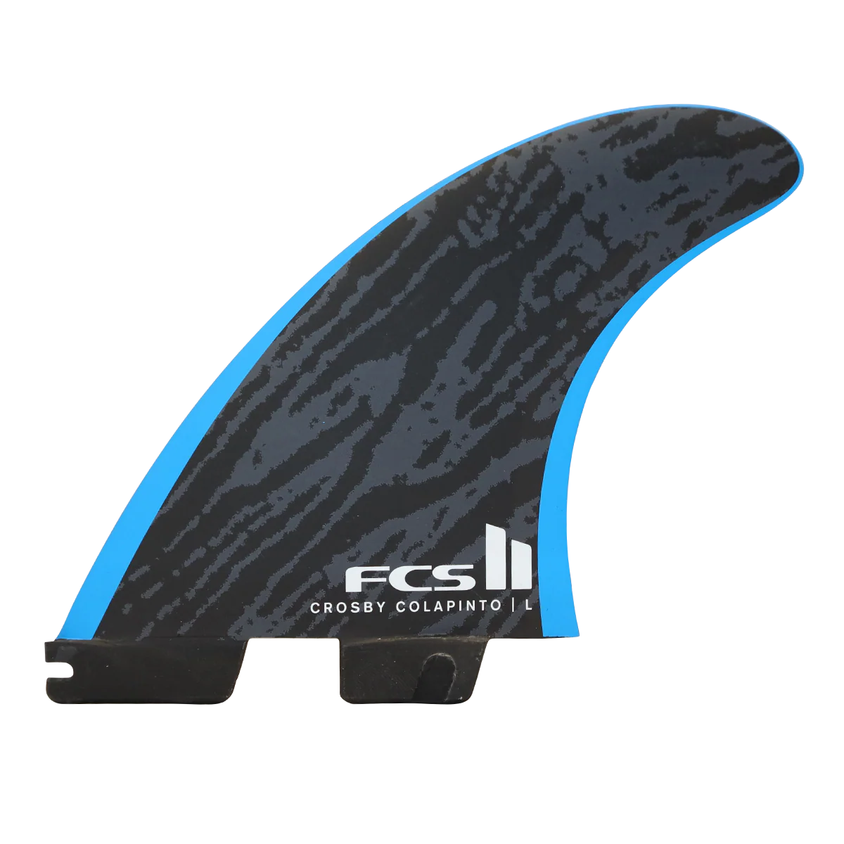 Black and blue surfboard fin with FCS logo on a white background