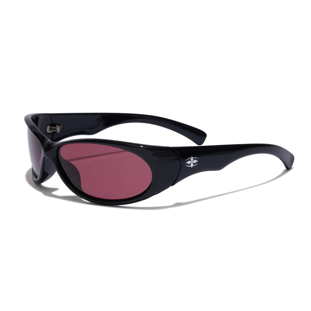 Black sunglasses with red-tinted lenses on a white background