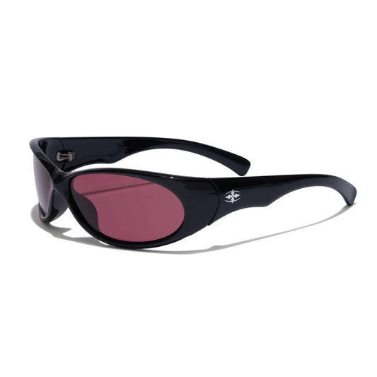 Black sunglasses with red-tinted lenses on a white background