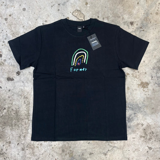 Black t-shirt with a colorful rainbow design and 'Famous' branding on a textured surface