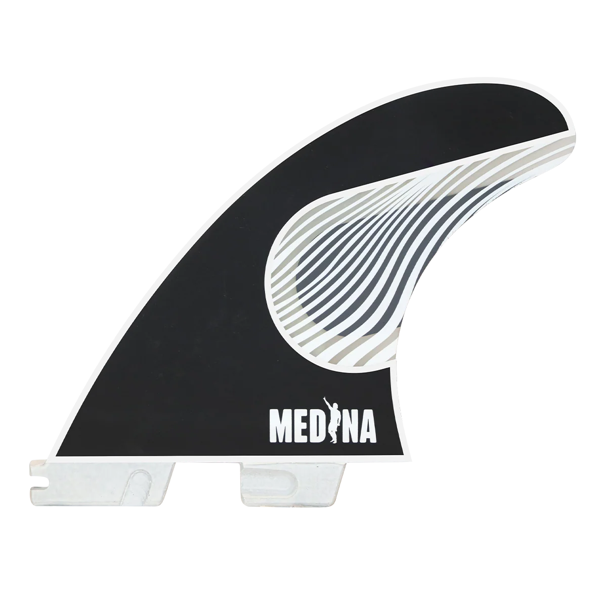 Black and white surfboard fin with 'Medina' branding on a white background