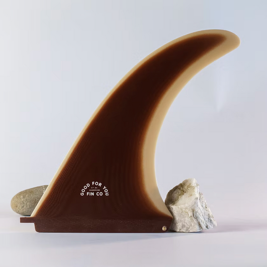 Brown surf fin with 'Good for You Fin Co' branding on a light gray background