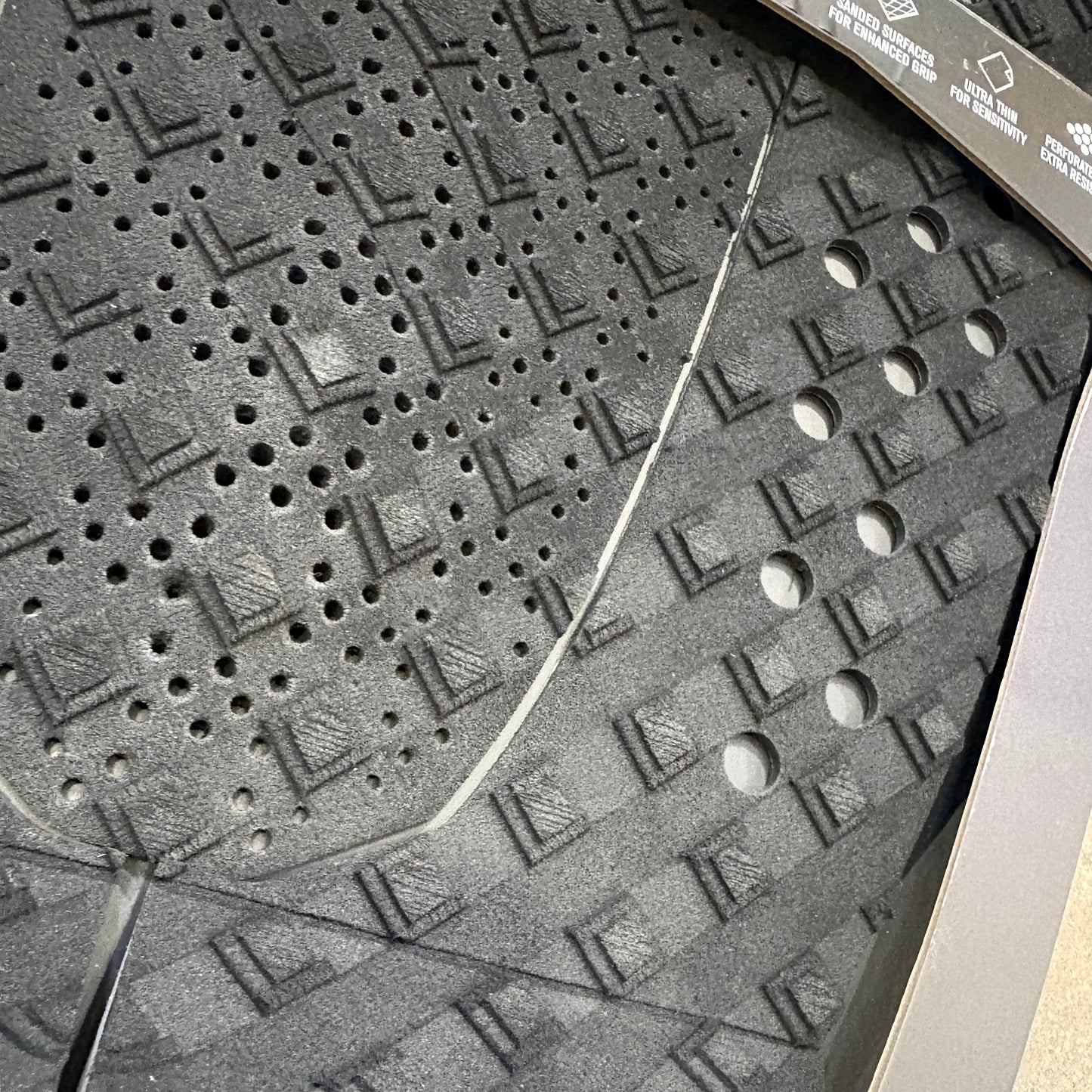 Close-up of a textured gray mat with geometric patterns