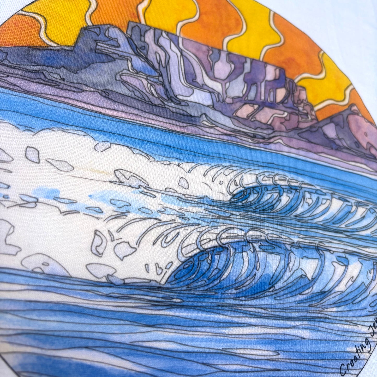 Artistic depiction of a wave with a colorful sky