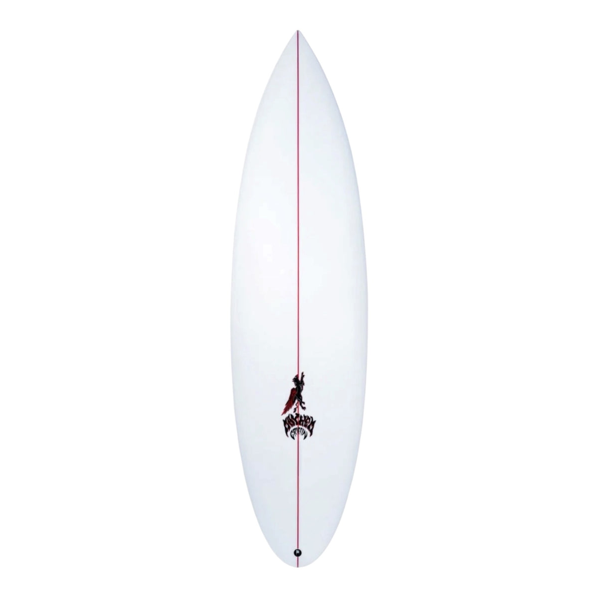 A white surfboard with a thin red centerline and a black graphic logo near the tail, shown against a plain white background.