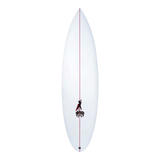 A white surfboard with a thin red centerline and a black graphic logo near the tail, shown against a plain white background.