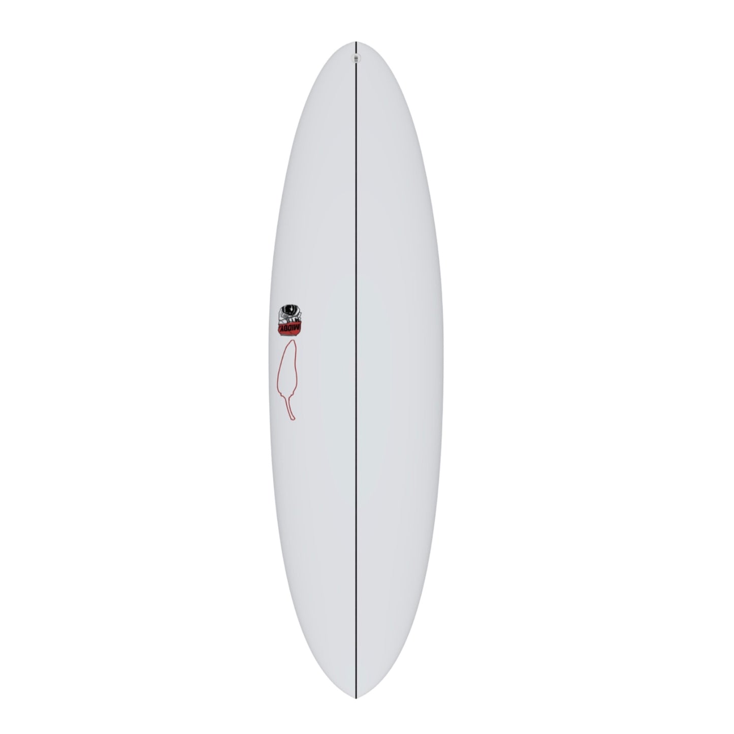 A white surfboard with a logo and red detailing, viewed from the side.