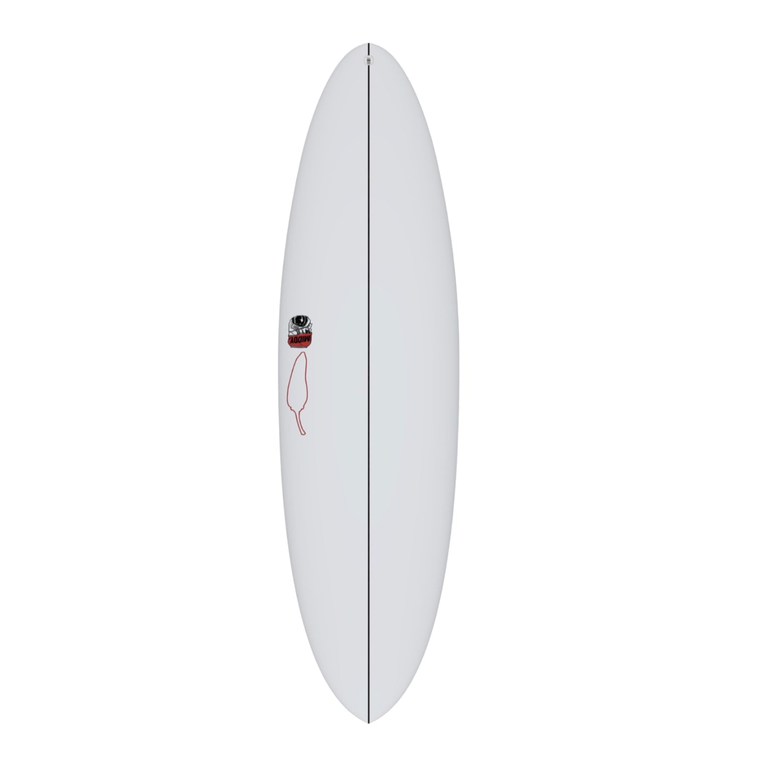 A white surfboard with a logo and red detailing, viewed from the side.