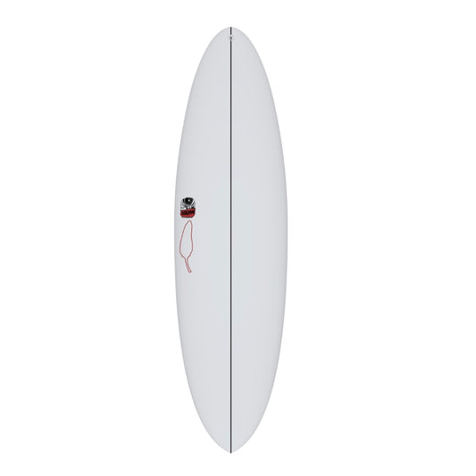A white surfboard with a logo and red detailing, viewed from the side.